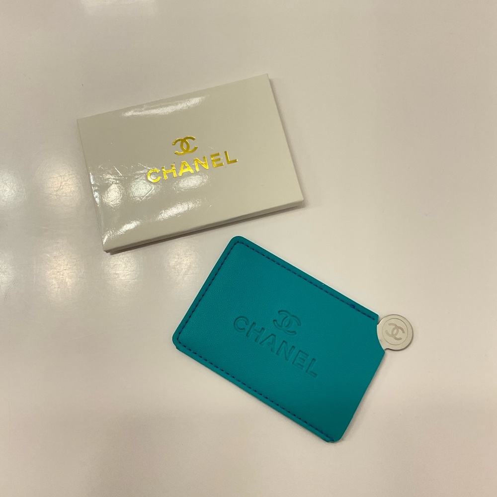 NIB CHANEL GWP Turquoise Card Holder & Mirror with Logo